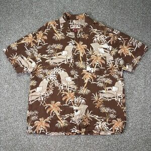 Caribbean Joe Hawaiian Shirt Large Brown Floral Linen Blend Summer Essentials